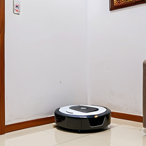**

A compact robot vacuum cleaner, triangular shaped, effectively cleaning the corner of a small apartment living room in Vietnam. The room has typical Vietnamese decor, like a Phật Di Lặc statue or a conical hat (nón lá) on the wall. Show the robot easily navigating around common obstacles like a power cord and a child's toy.

**