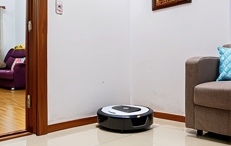 **

A compact robot vacuum cleaner, triangular shaped, effectively cleaning the corner of a small apartment living room in Vietnam. The room has typical Vietnamese decor, like a Phật Di Lặc statue or a conical hat (nón lá) on the wall. Show the robot easily navigating around common obstacles like a power cord and a child's toy.

**